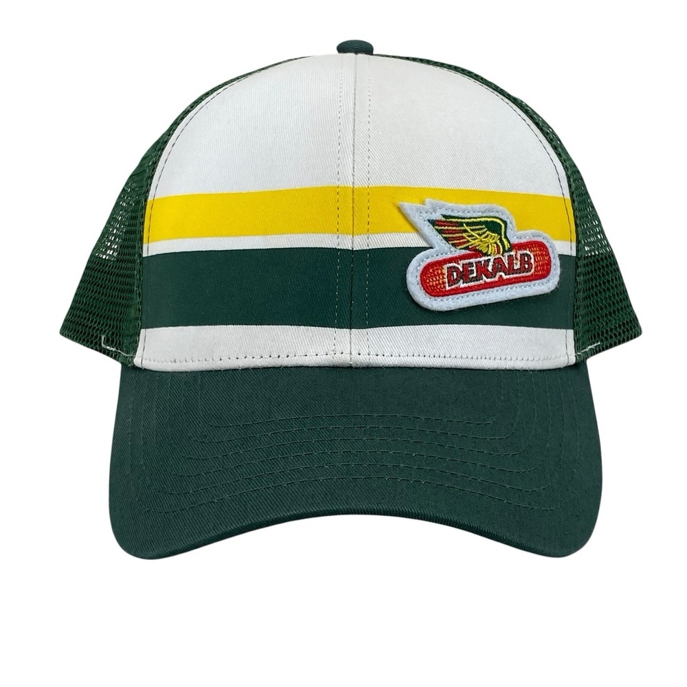 DeKalb Trucker Hat K-Products Green White Stripe Snapback Farming Cap